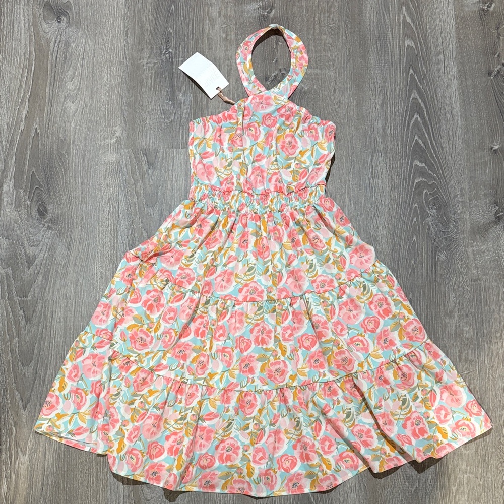 Grace Karin Girls Floral Halter Tiered Dress Pink Green